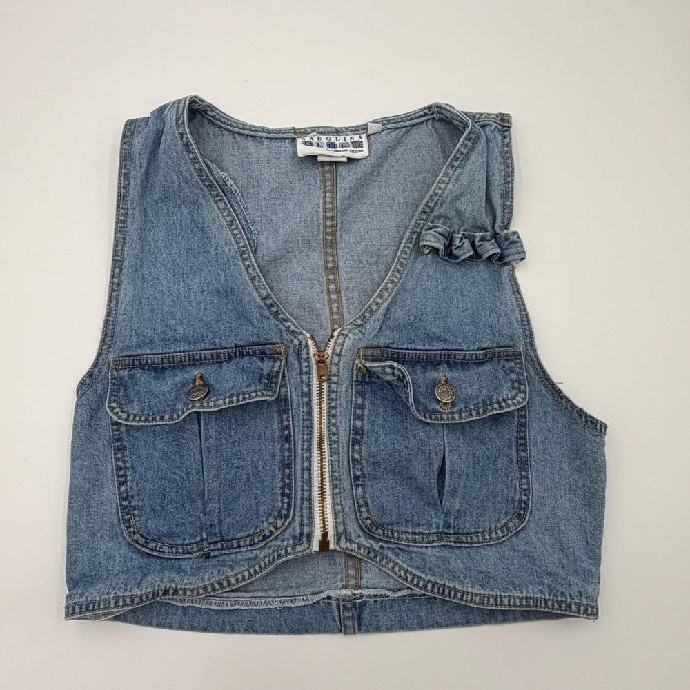 Carolina Blues Denim Vest Size M Cropped Utility Ruffle Cotton Blue Vintage 90s